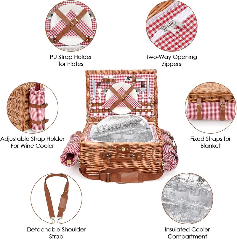 WILLOW WEAVE Picnic Basket for 2, Picnic Baskets with Waterproof Blanket, Picnic Hamper Set with Washable Beach Mat & Large Insulated Cooler Compartment, Handmade Natural Wicker Hamper for Camping, Outdoor Party - Image 4